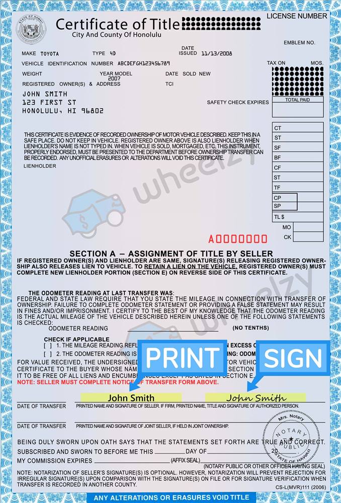 How to Sign Your Car Title in Hawaii. Including DMV Title Sample Picture