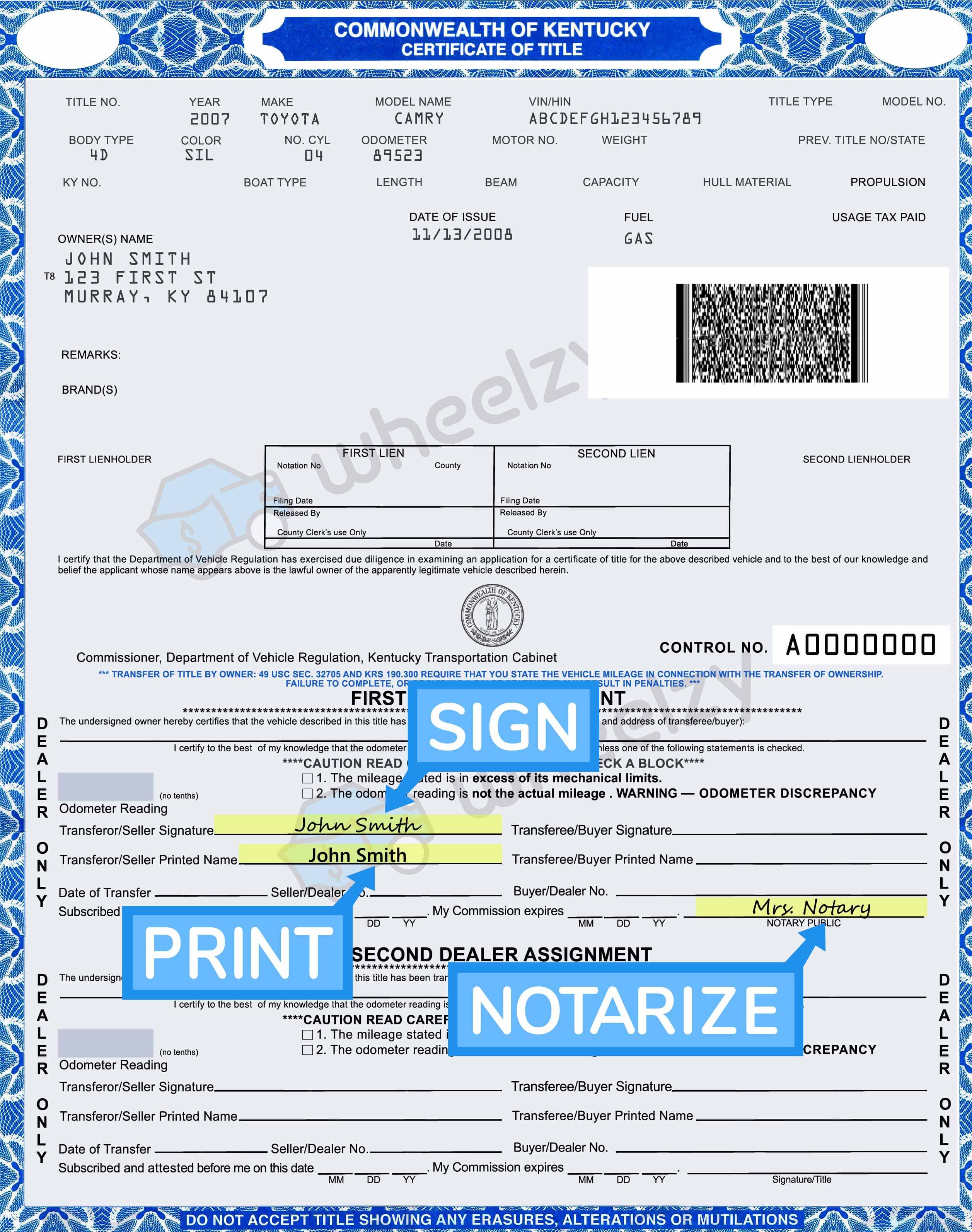 How to Sign Your Car Title in Kentucky. Including DMV Title Sample Picture