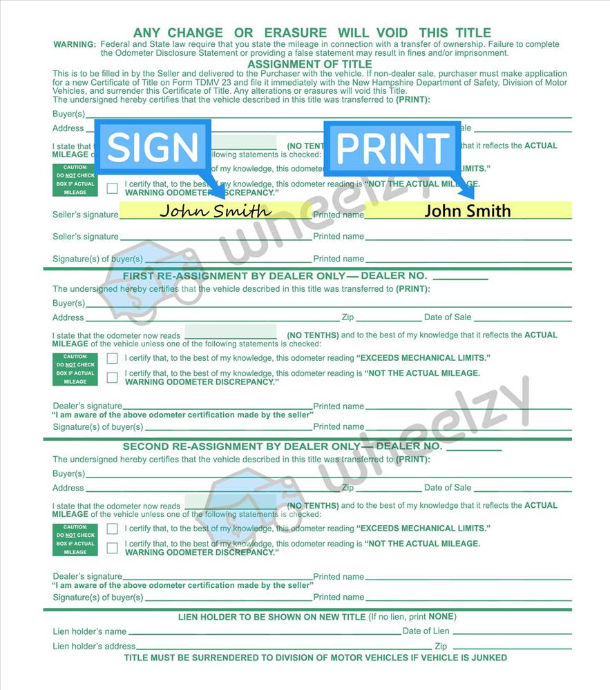 How to Sign Your Car Title in New Hampshire. Including DMV Title Sample