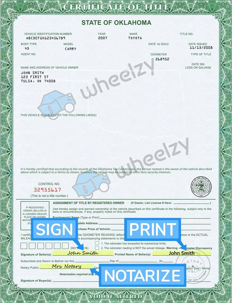 How to Sign Your Car Title in Oklahoma. Including DMV Title Sample Picture
